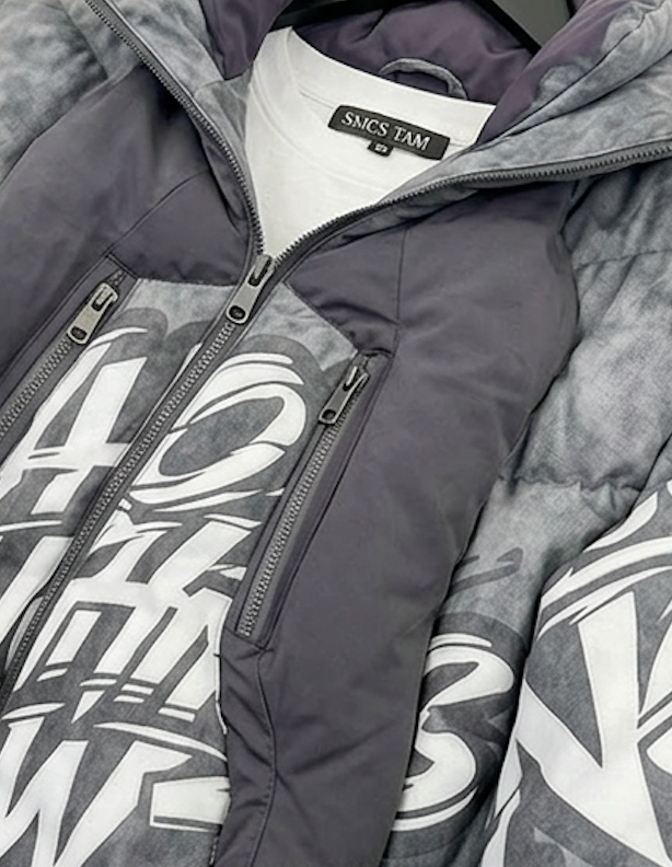 Who's Laughing Now? All-Over Print Puffer Jacket — Grey