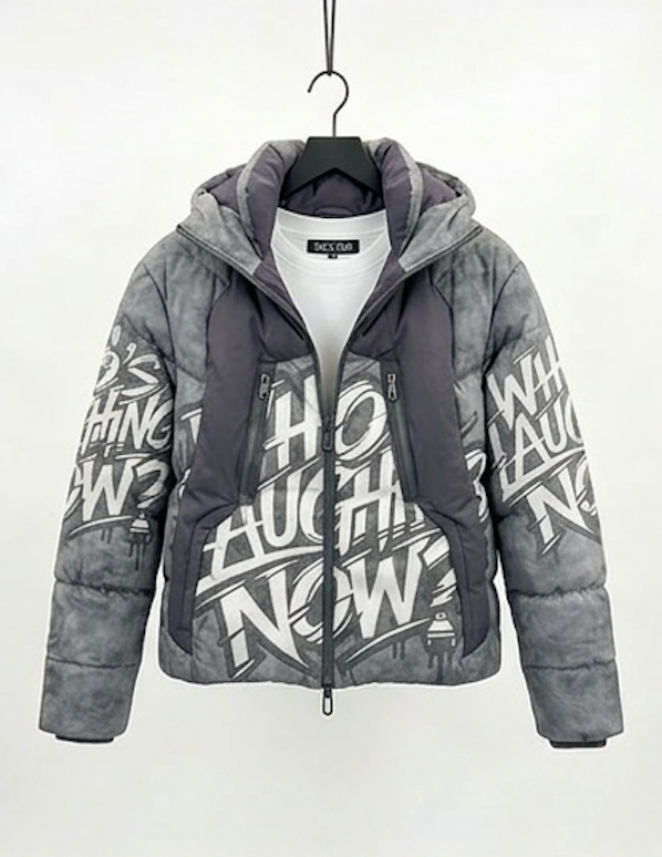 Who's Laughing Now? All-Over Print Puffer Jacket — Grey