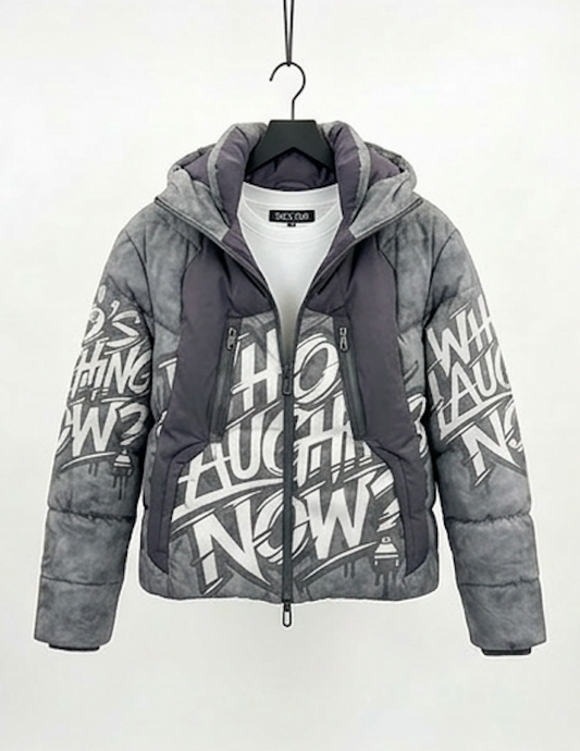 Who's Laughing Now? All-Over Print Puffer Jacket — Grey