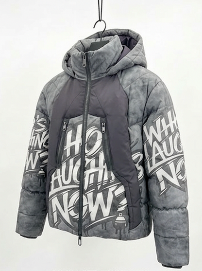 Who's Laughing Now? All-Over Print Puffer Jacket — Grey