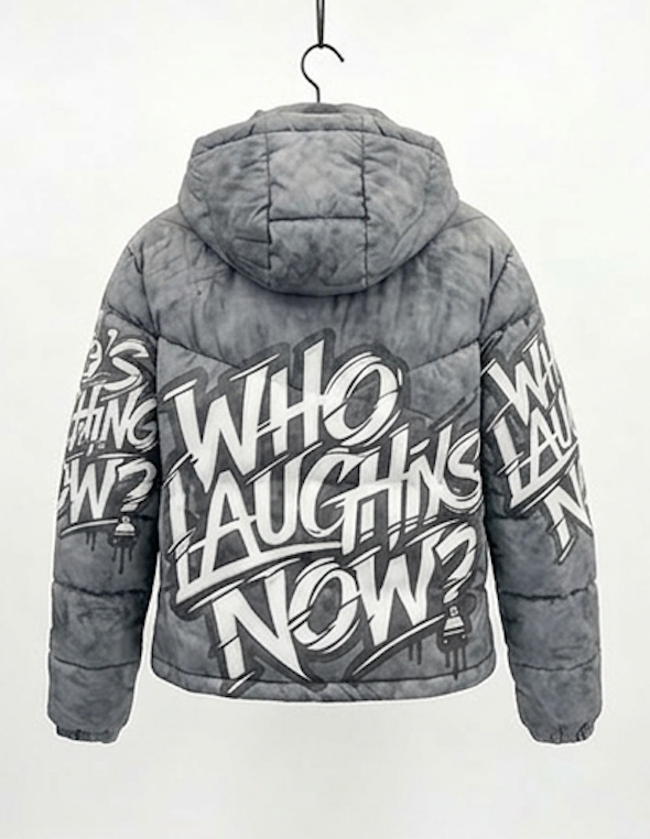 Who's Laughing Now? All-Over Print Puffer Jacket — Grey