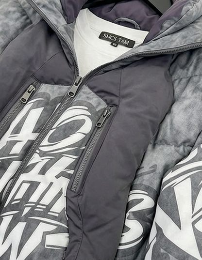 Who's Laughing Now? All-Over Print Puffer Jacket — Grey