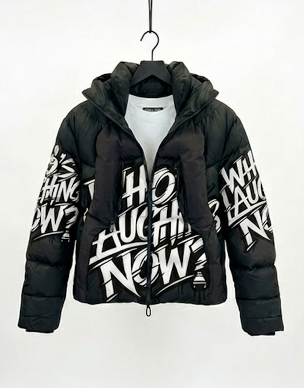 Who's Laughing Now? All-Over Print Puffer Jacket — Black