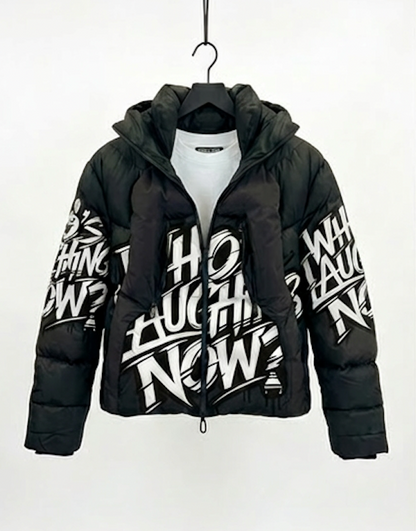 Who's Laughing Now? All-Over Print Puffer Jacket — Black