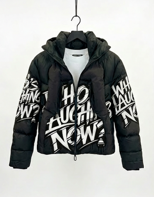 Who's Laughing Now? All-Over Print Puffer Jacket — Black
