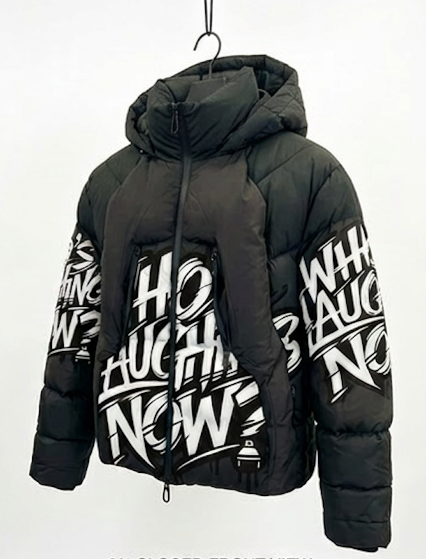 Who's Laughing Now? All-Over Print Puffer Jacket — Black