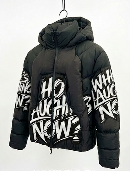 Who's Laughing Now? All-Over Print Puffer Jacket — Black