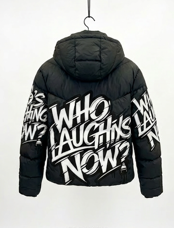 Who's Laughing Now? All-Over Print Puffer Jacket — Black