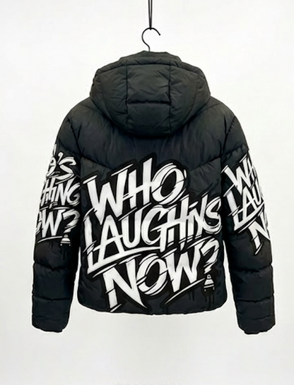Who's Laughing Now? All-Over Print Puffer Jacket — Black