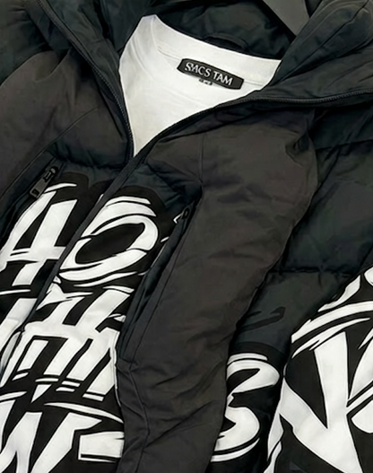 Who's Laughing Now? All-Over Print Puffer Jacket — Black