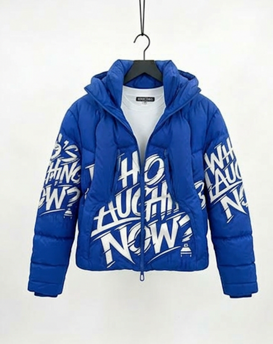 Who's Laughing Now? All-Over Print Puffer Jacket — Blue