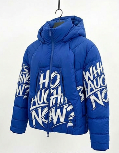 Who's Laughing Now? All-Over Print Puffer Jacket — Blue