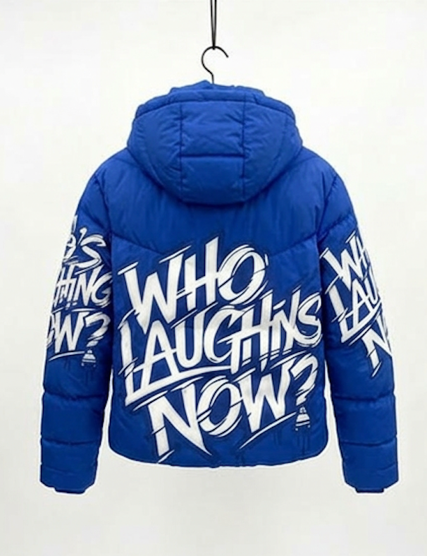Who's Laughing Now? All-Over Print Puffer Jacket — Blue