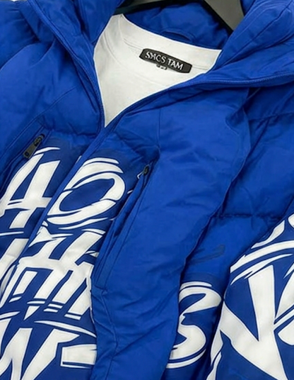 Who's Laughing Now? All-Over Print Puffer Jacket — Blue
